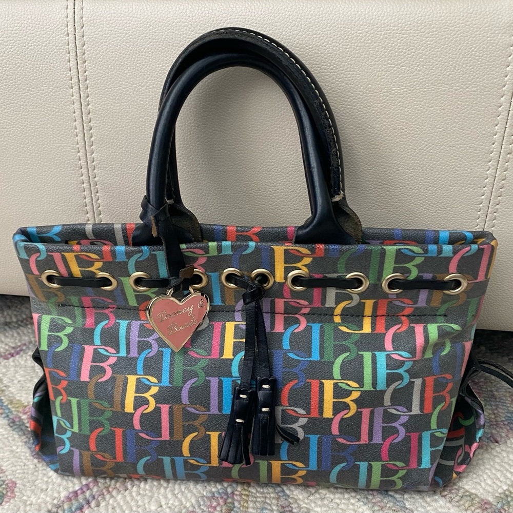 Dooney & Bourke Multicolor DB Monogram Drawstring Bag Canvas Leather Trim Y2K - Picture 14 of 14